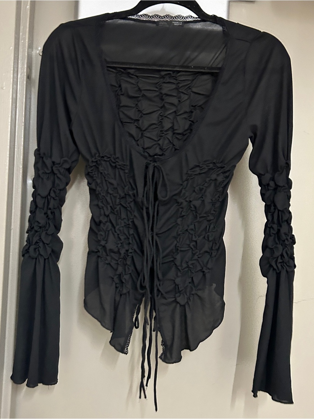 Zara Black Ruched Lace-Up Long Sleeve Top with Textured Sleeves